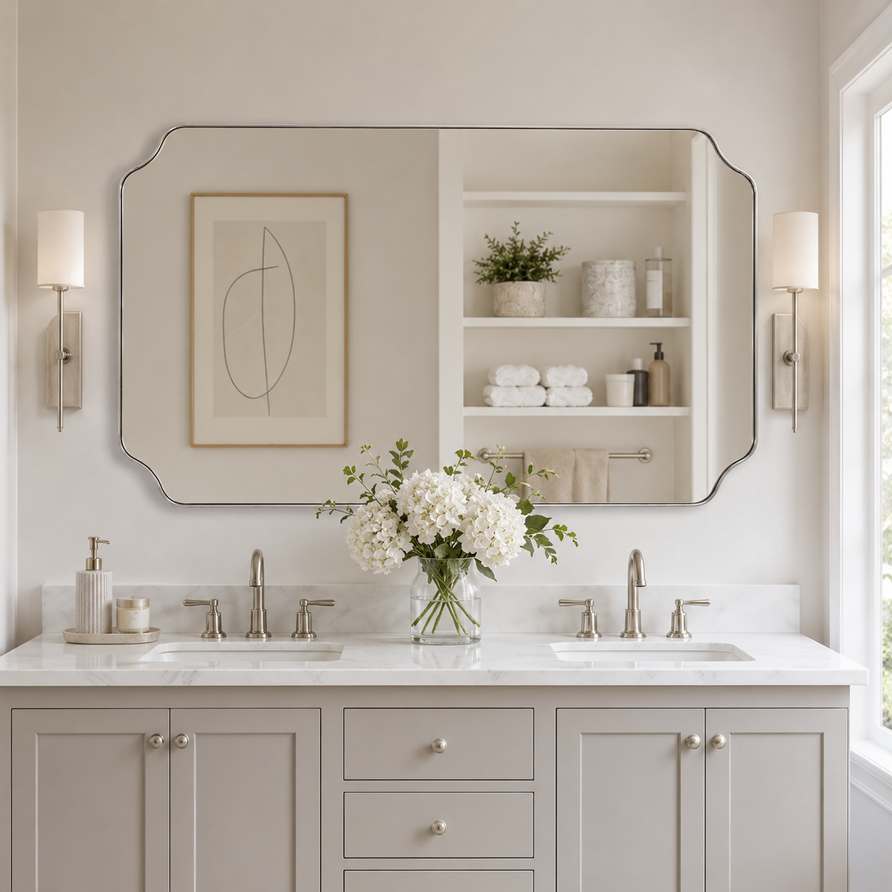 Modern Cut Corner Rectangle Scalloped Mirror for Wall /Bathroom | Stainless Steel Frame