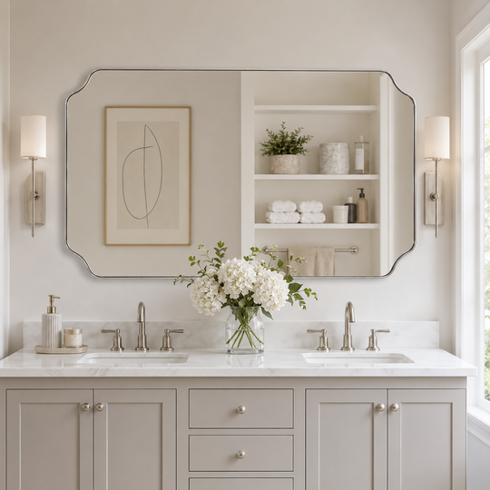 Modern Cut Corner Rectangle Scalloped Mirror for Wall /Bathroom | Stainless Steel Frame