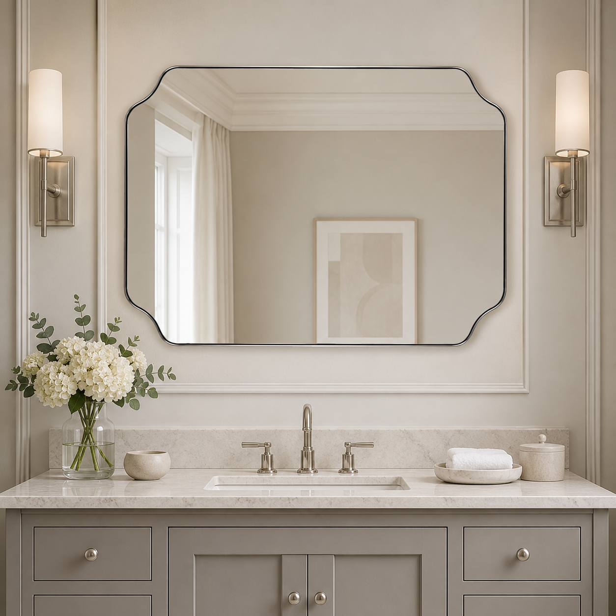 Modern Cut Corner Rectangle Scalloped Mirror for Wall /Bathroom | Stainless Steel Frame