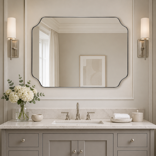 Modern Cut Corner Rectangle Scalloped Mirror for Wall /Bathroom | Stainless Steel Frame
