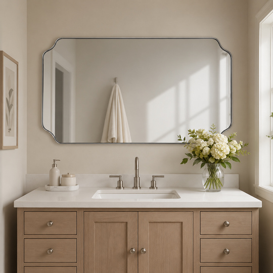 Modern Cut Corner Rectangle Scalloped Mirror for Wall /Bathroom | Stainless Steel Frame