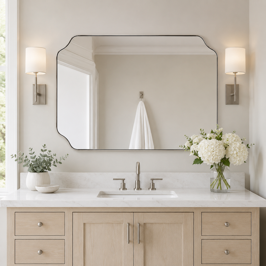 Modern Cut Corner Rectangle Scalloped Mirror for Wall /Bathroom | Stainless Steel Frame
