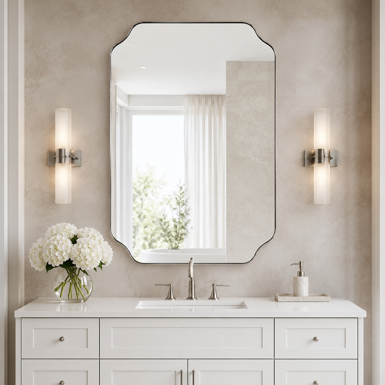 Modern Cut Corner Rectangle Scalloped Mirror for Wall /Bathroom | Stainless Steel Frame