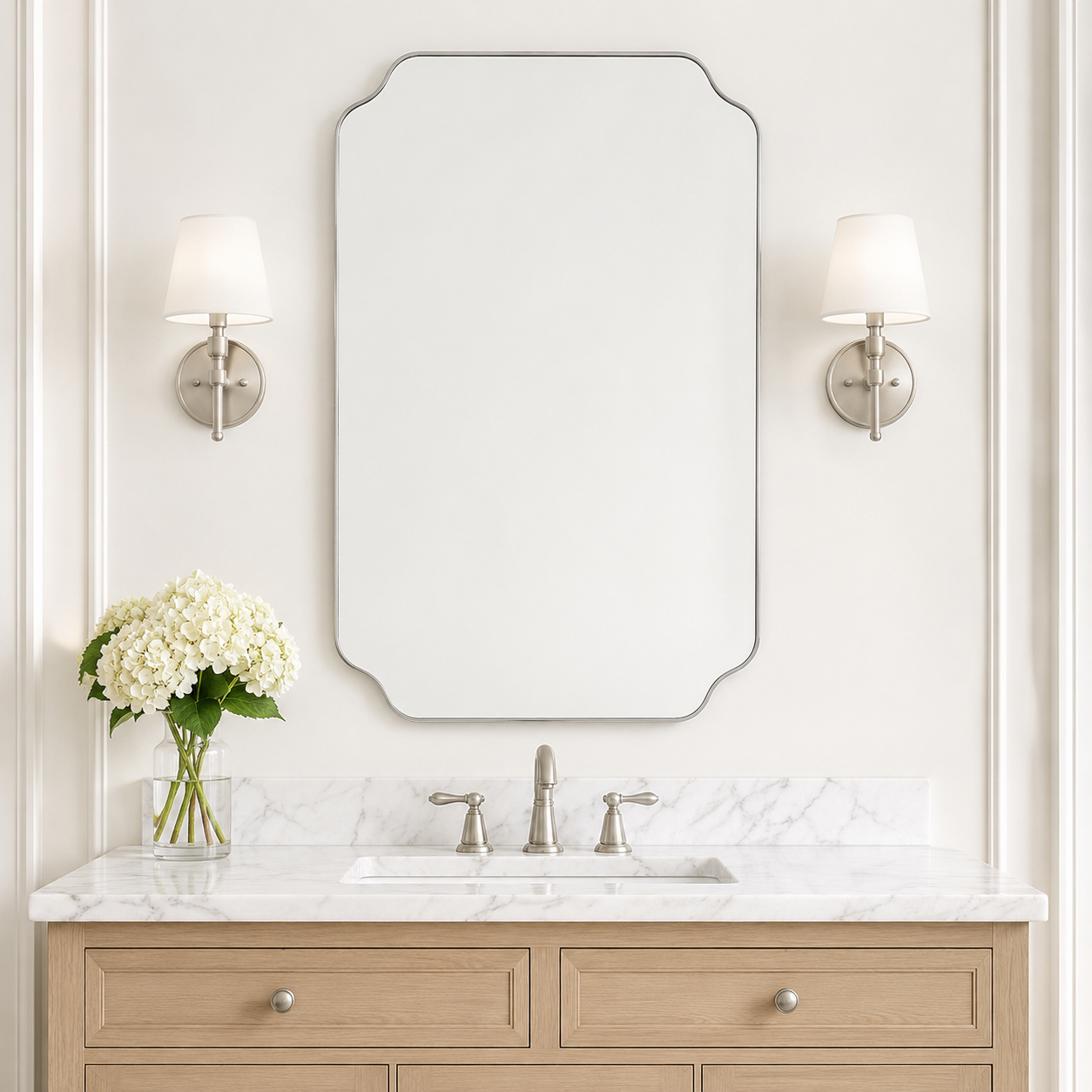 Modern Cut Corner Rectangle Scalloped Mirror for Wall /Bathroom | Stainless Steel Frame
