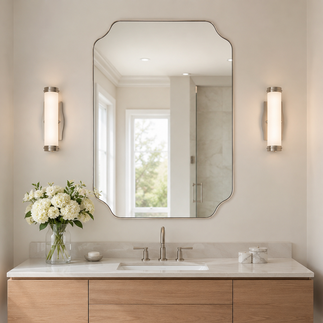 Modern Cut Corner Rectangle Scalloped Mirror for Wall /Bathroom | Stainless Steel Frame