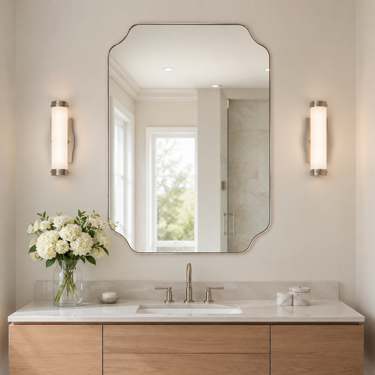 Modern Cut Corner Rectangle Scalloped Mirror for Wall /Bathroom | Stainless Steel Frame