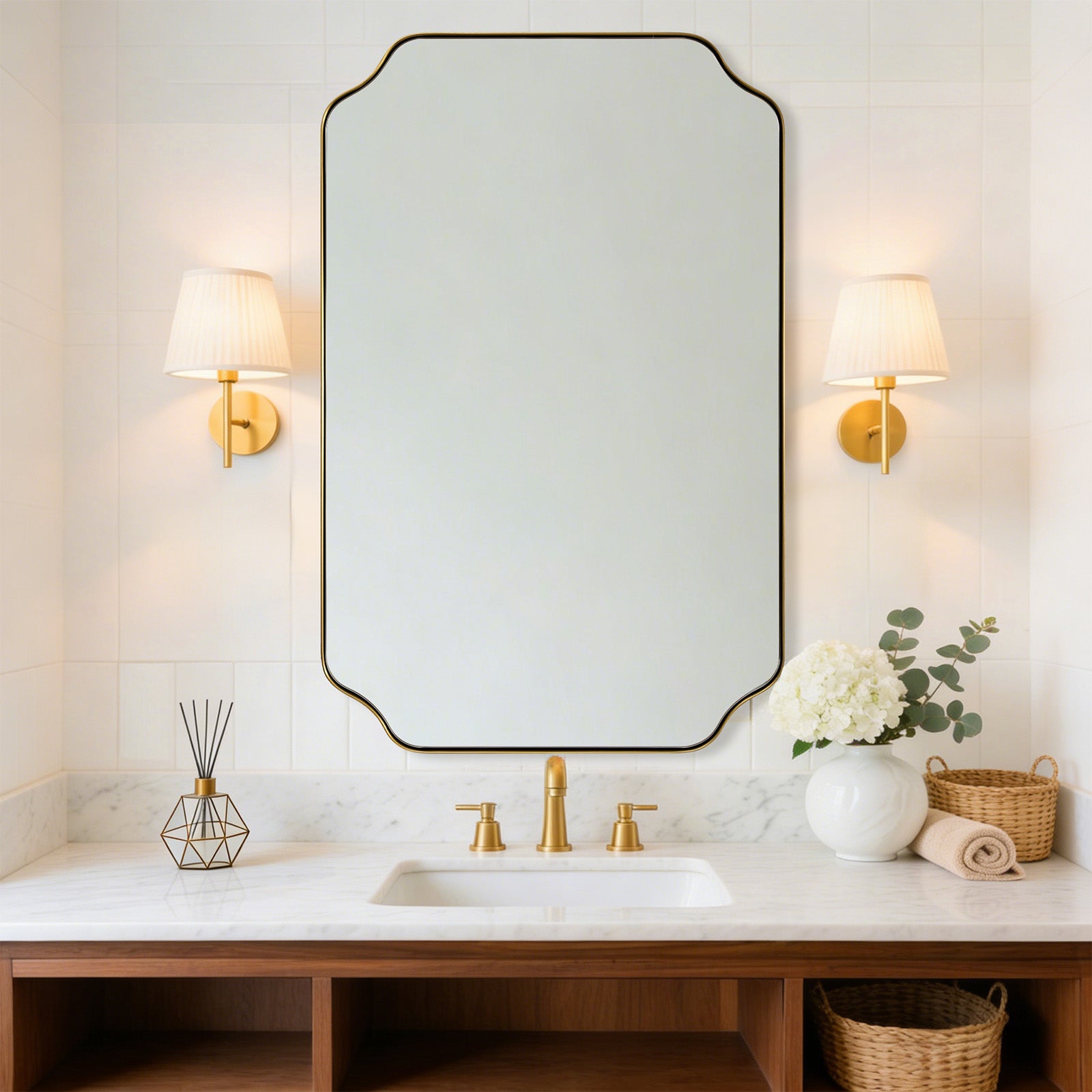 Contemporary Notched Corner Rectangle Scalloped Mirror for Wall /Bathroom | Stainless Steel Frame