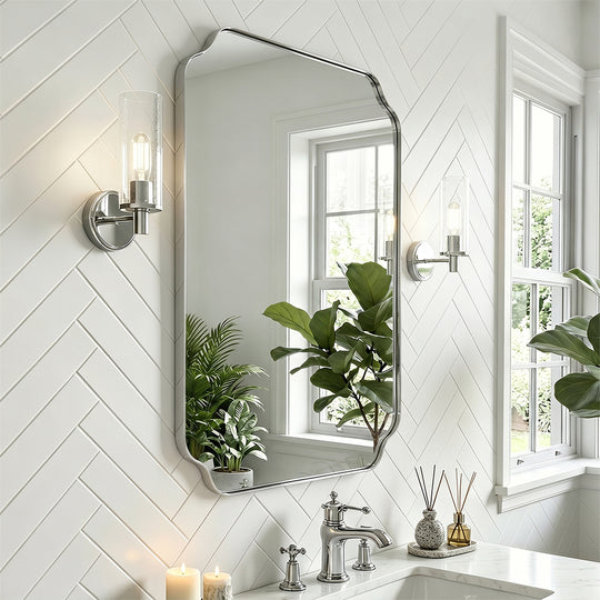 Contemporary Notched Corner Rectangle Scalloped Mirror for Wall /Bathroom | Stainless Steel Frame