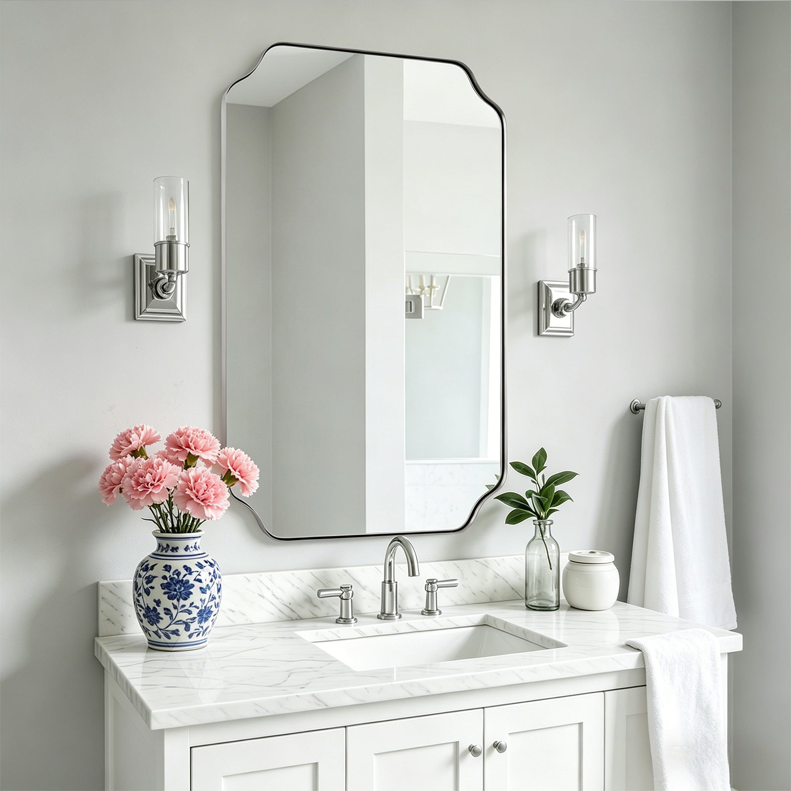 Contemporary Notched Corner Rectangle Scalloped Mirror for Wall /Bathroom | Stainless Steel Frame