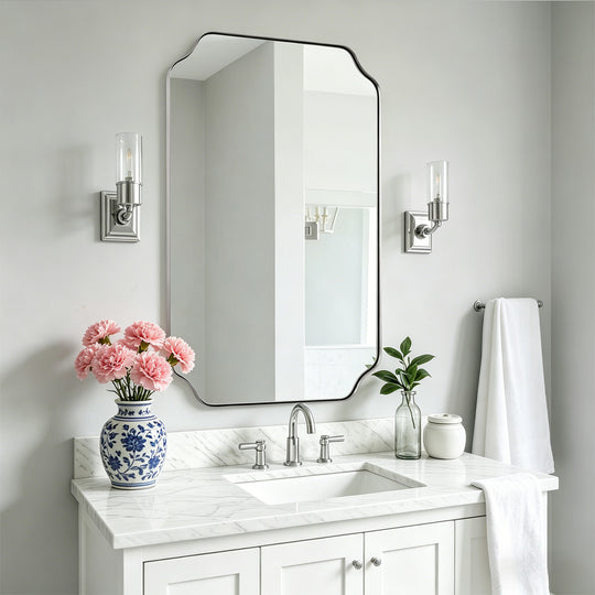 Contemporary Notched Corner Rectangle Scalloped Mirror for Wall /Bathroom | Stainless Steel Frame