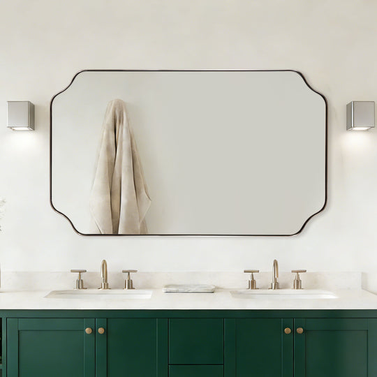 Contemporary Notched Corner Rectangle Scalloped Mirror for Wall /Bathroom | Stainless Steel Frame