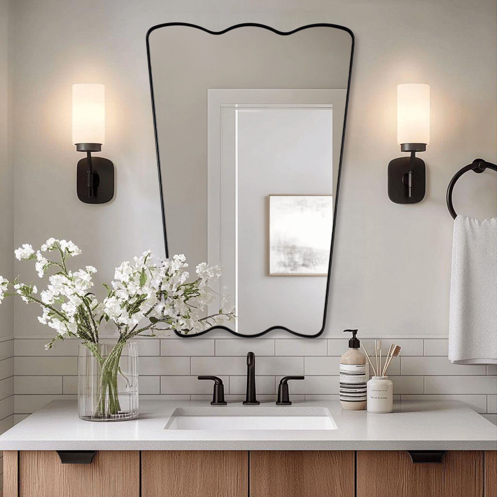 Contemporary Tapered Wavy Scalloped Bathroom Vanity Mirror | Stainless Steel Framed