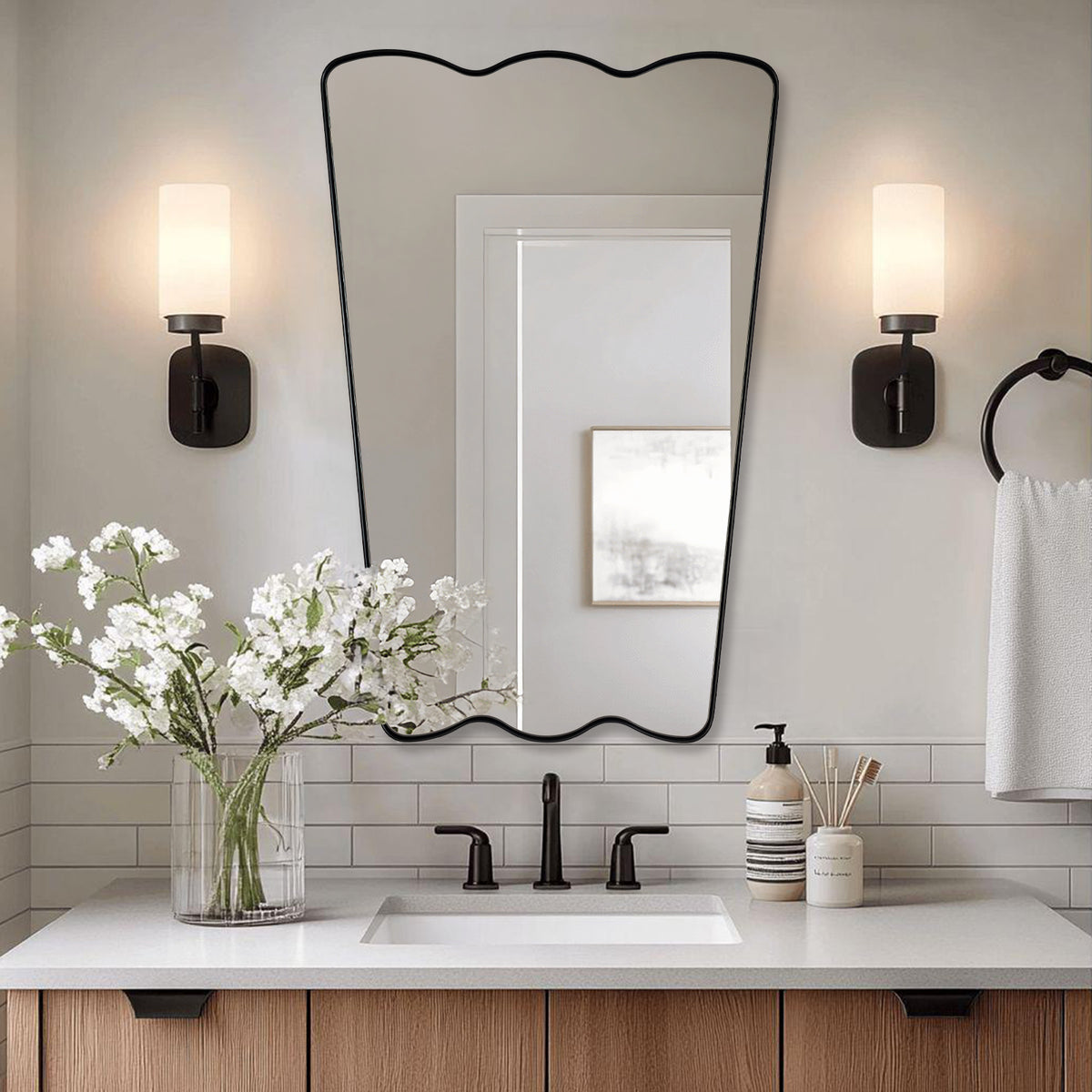 Trapezoidal Wavy Scalloped Bathroom Vanity Mirror | Stainless Steel Framed