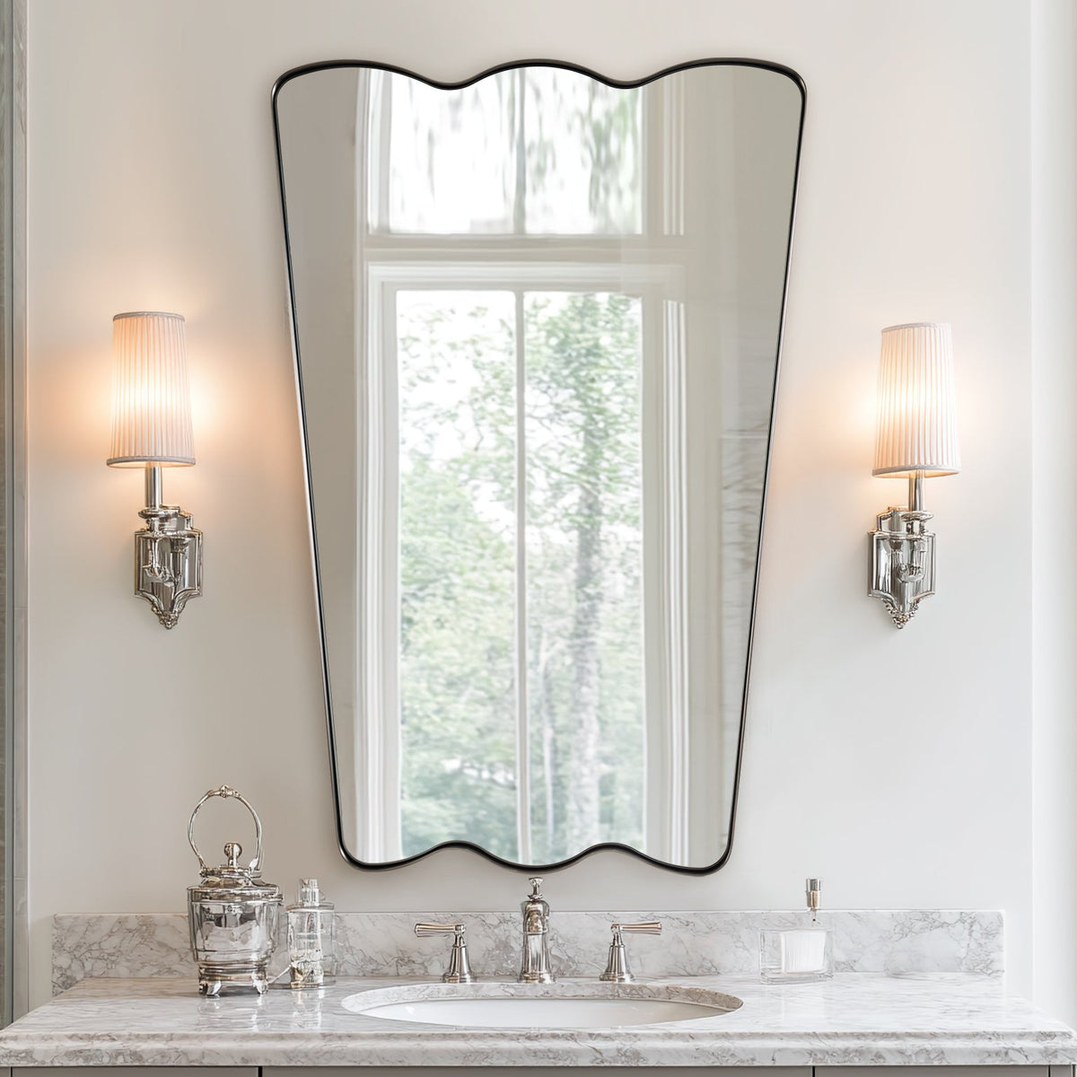 Trapezoidal Wavy Scalloped Bathroom Vanity Mirror | Stainless Steel Framed