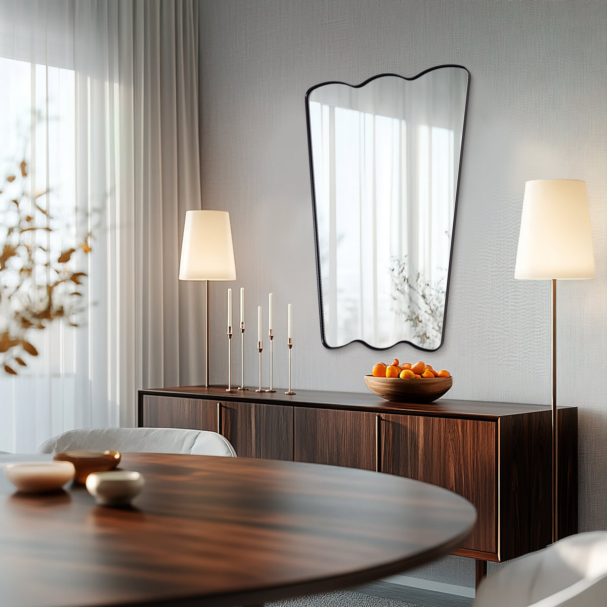 Trapezoidal Wavy Scalloped Bathroom Vanity Mirror | Stainless Steel Framed