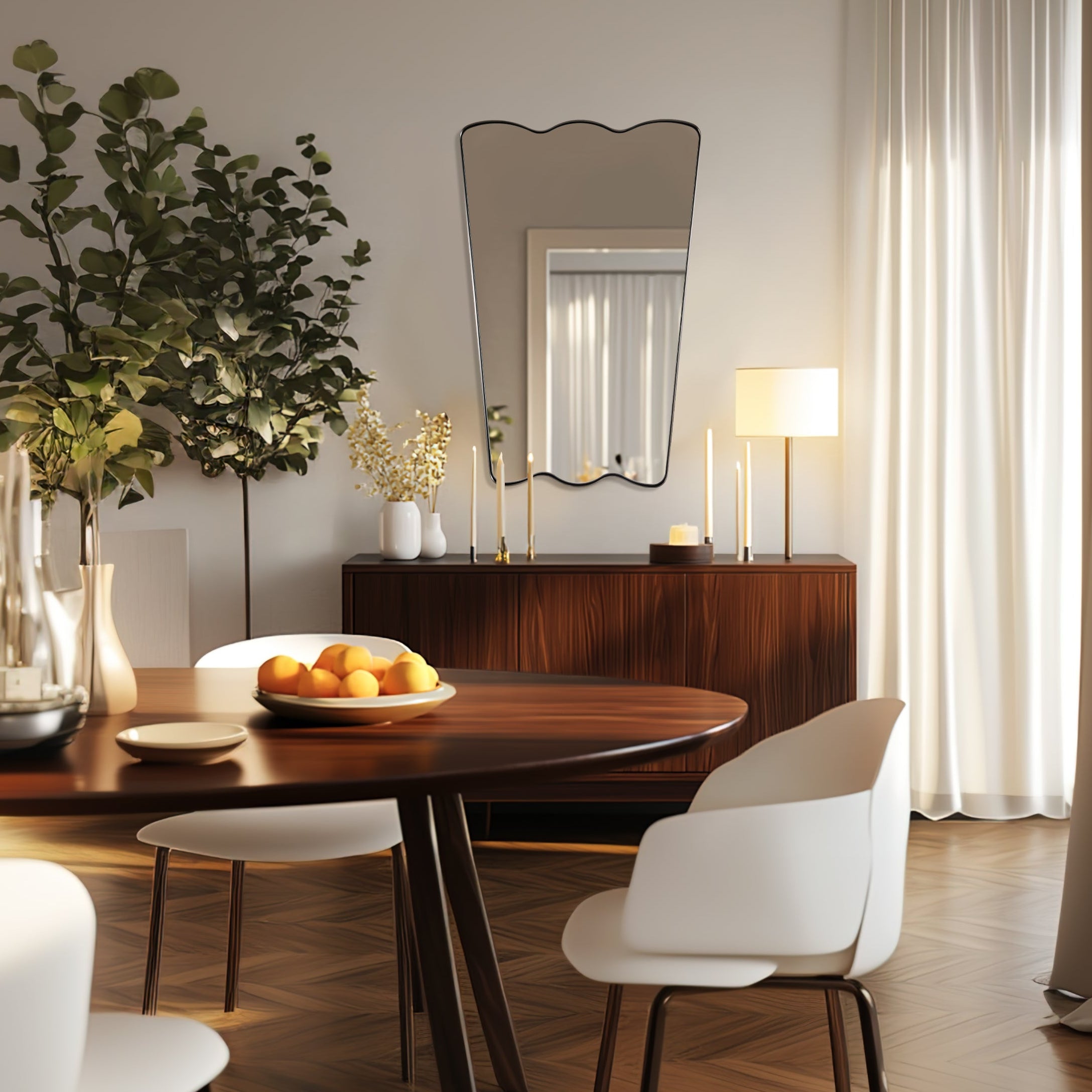 Contemporary Tapered Wavy Scalloped Bathroom Vanity Mirror | Stainless Steel Framed