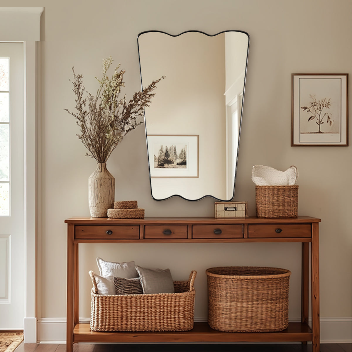 Trapezoidal Wavy Scalloped Bathroom Vanity Mirror | Stainless Steel Framed