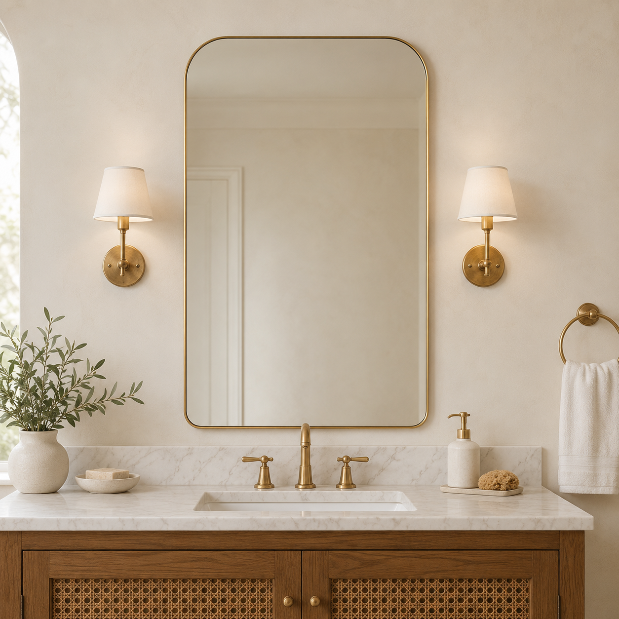 Modern Mantel Wide Arch Rectangle Bathroom Vanity  Mirror | Stainless Steel Frame
