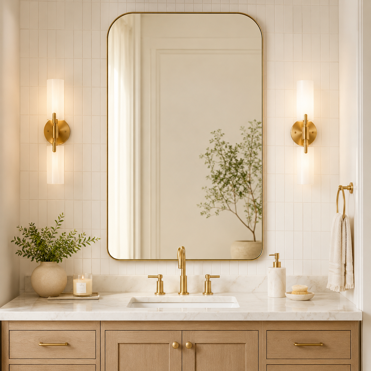 Modern Mantel Wide Arch Rectangle Bathroom Vanity  Mirror | Stainless Steel Frame