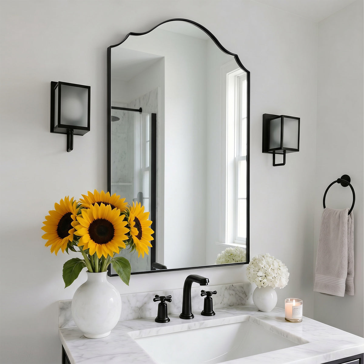 Open Box Like New：Contemporary Arched Curved Scalloped Mirror Bathroom Vanity Mirror