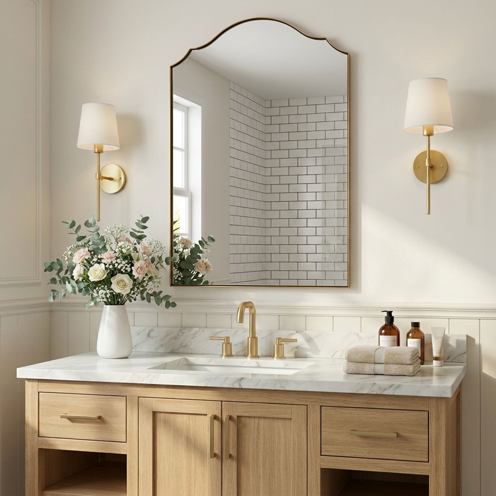 Contemporary Arched Curved Scalloped Mirror Bathroom Vanity Mirror | Stainless Steel Frame