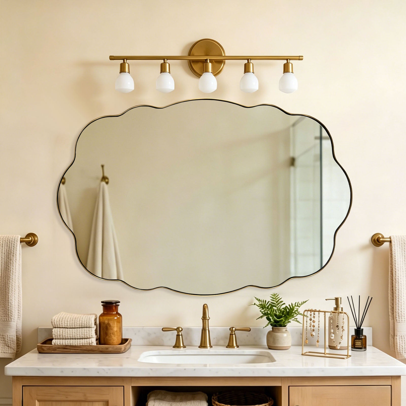 Contemporary Wavy Oval Scalloped Bathroom Vanity Mirror  Irregular Organic Mirror| Stainless Steel Framed