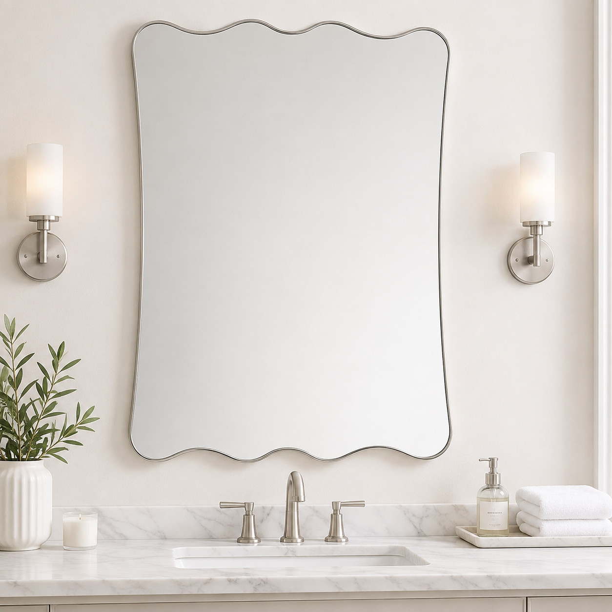 Contemporary Wavy Scalloped Rectangle Bathroom Mirror | Stainless Steel Frame