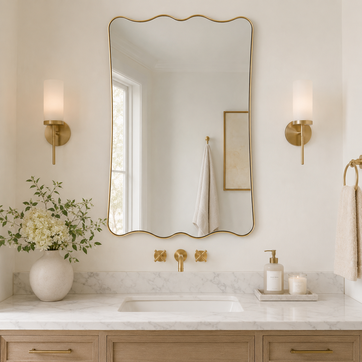 Contemporary Wavy Scalloped Rectangle Bathroom Mirror | Stainless Steel Frame
