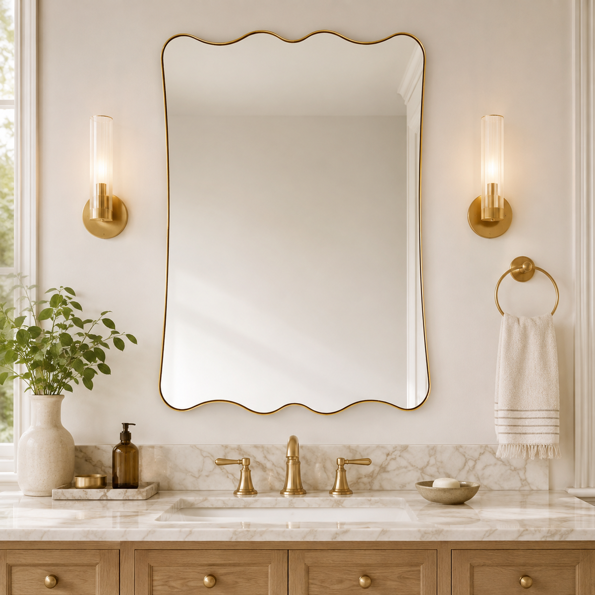 Contemporary Wavy Scalloped Rectangle Bathroom Mirror | Stainless Steel Frame