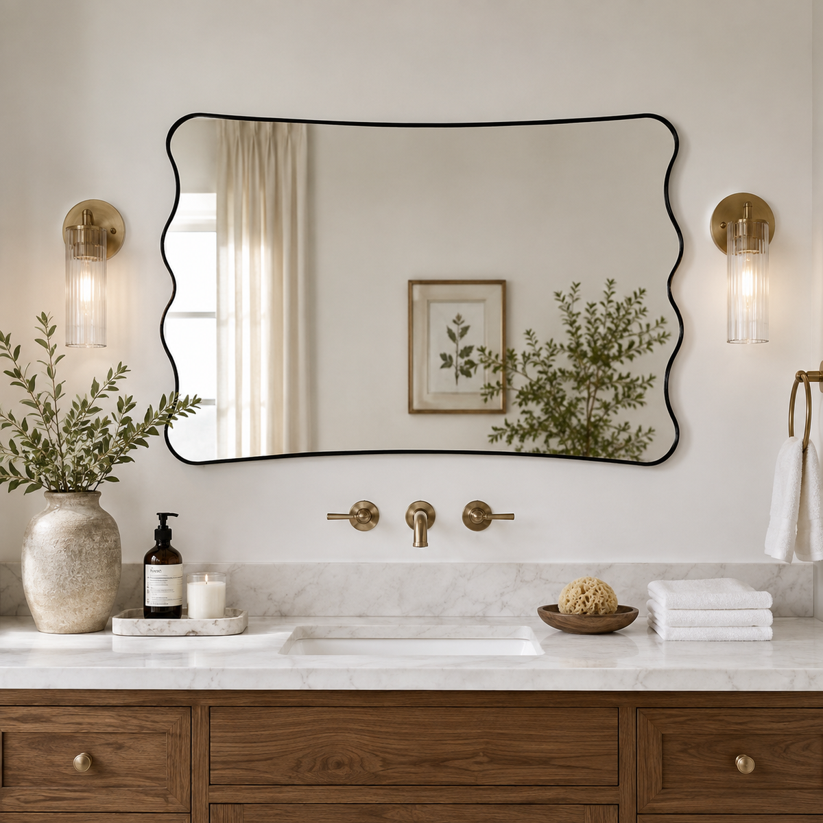 Contemporary Wavy Scalloped Rectangle Bathroom Mirror | Stainless Steel Frame
