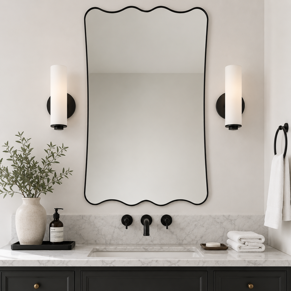 Contemporary Wavy Scalloped Rectangle Bathroom Mirror | Stainless Steel Frame