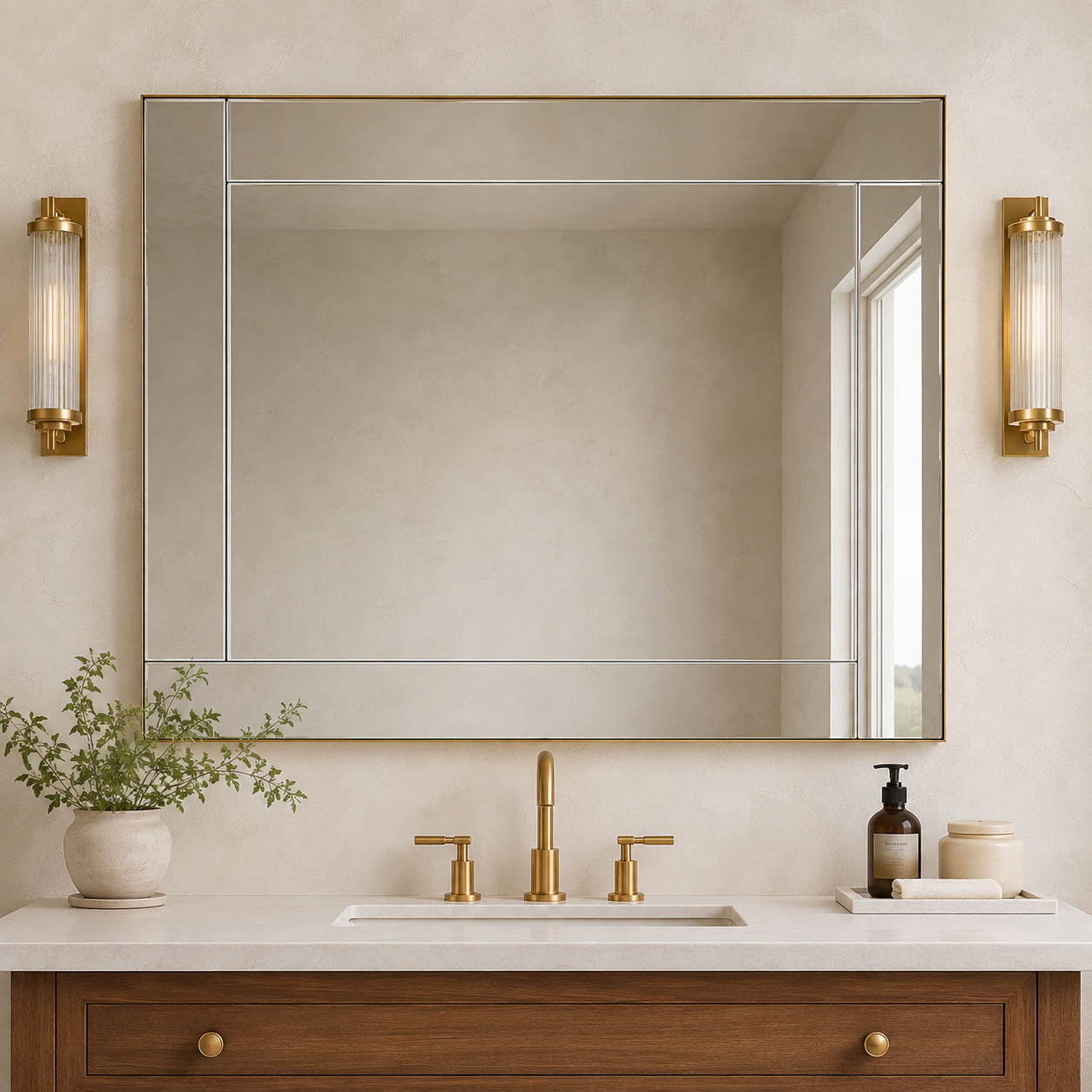Contemporary Geometric Glass Tile Rectangular Bathroom Vanity Mirror | Stainless Steel Frame