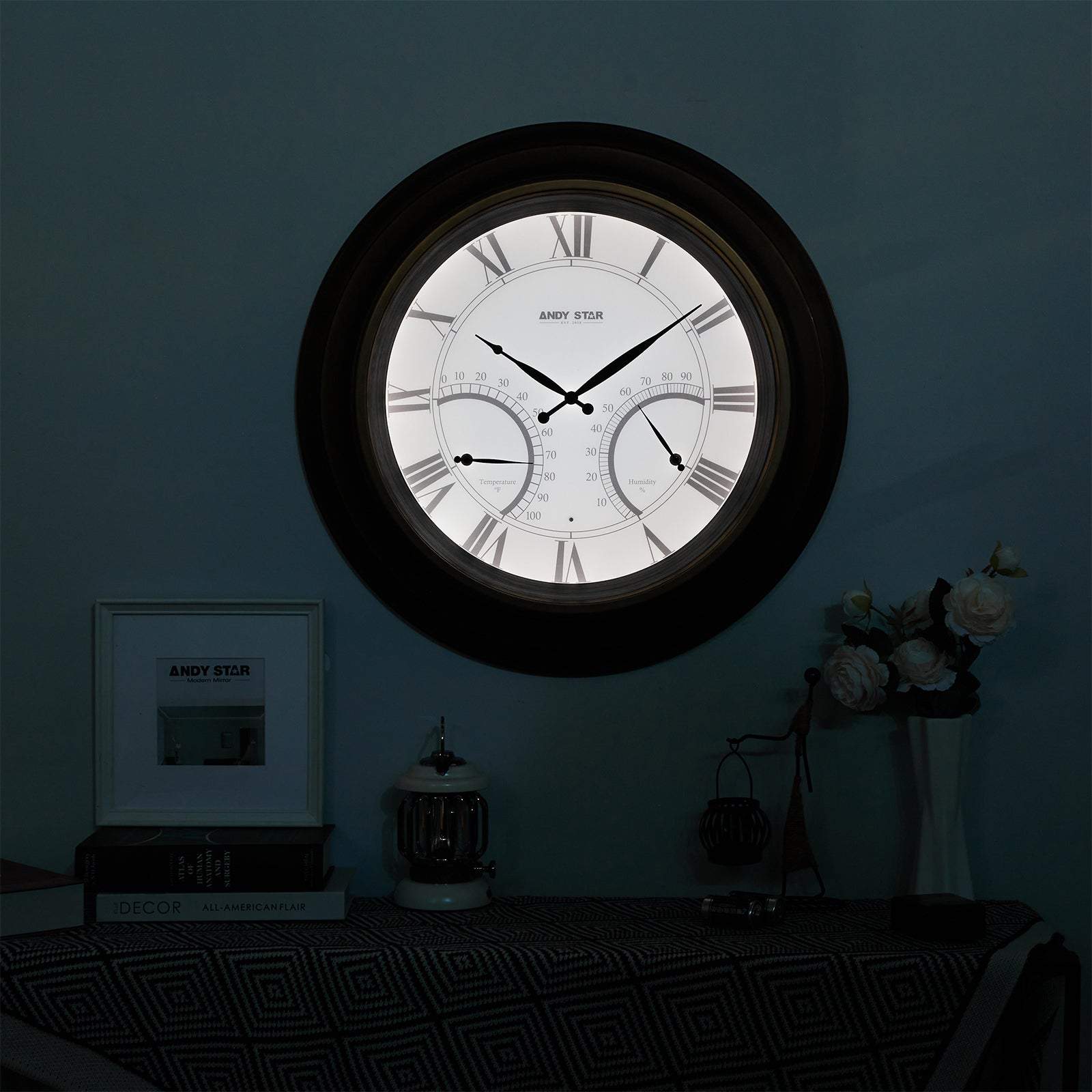 Contemporary Large Outdoor Wall Clock with Thermometer Waterproof Illuminated,24 Inch