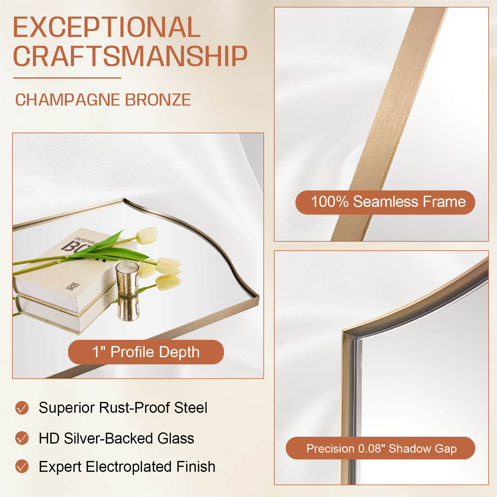 Dual Curve Arch Rectangular Scalloped  Bathroom Wall Mirror |Stainless Steel Framed