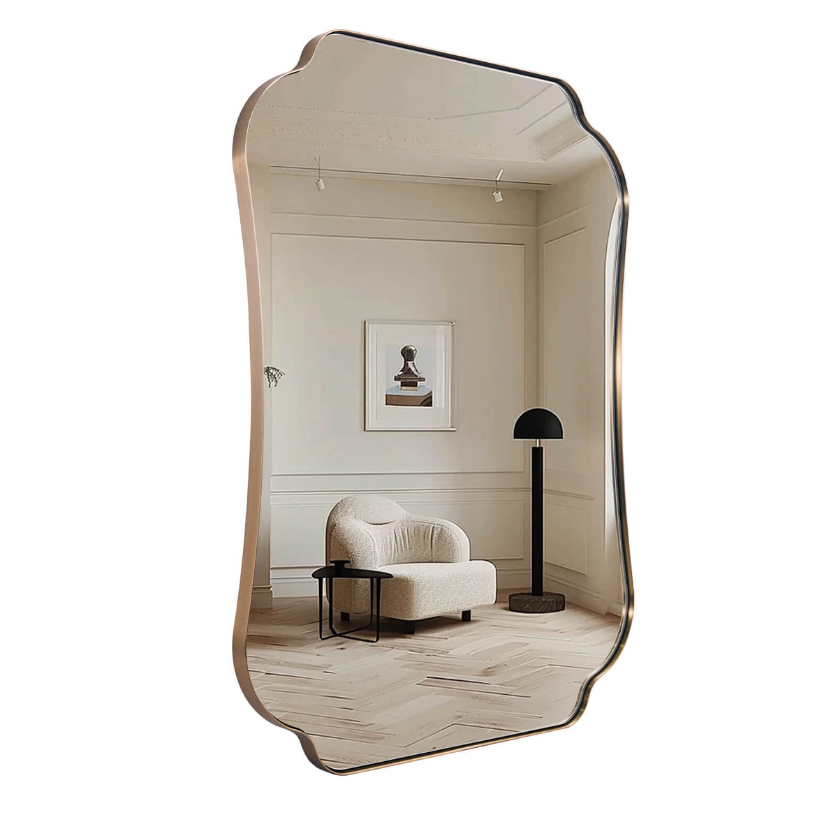 Contemporary Cut Corner Concave Edge Scalloped Bathroom Mirror | Stainless Steel Frame