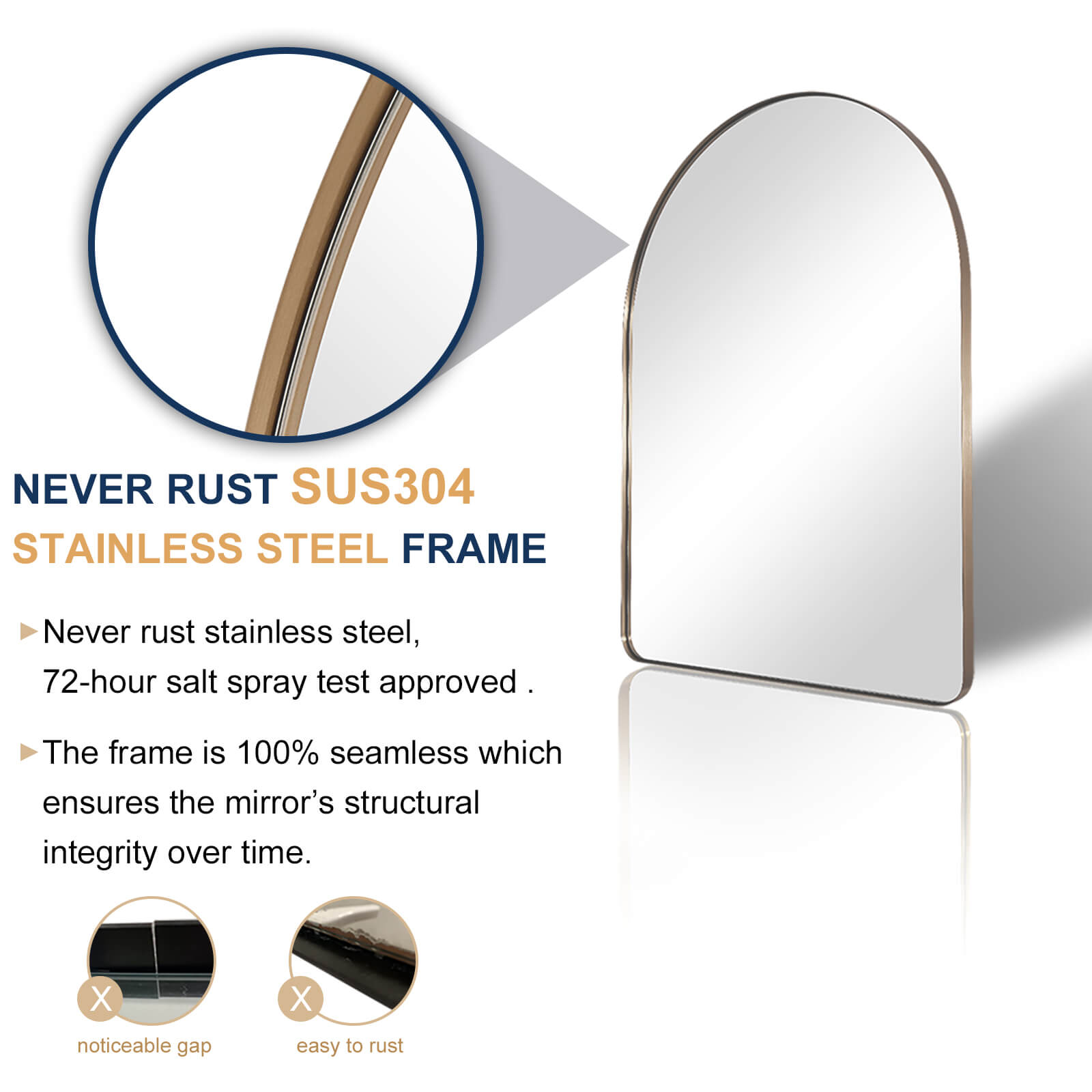Contemporary Arched Bathroom Vanity Mirror | Stainless Steel Frame