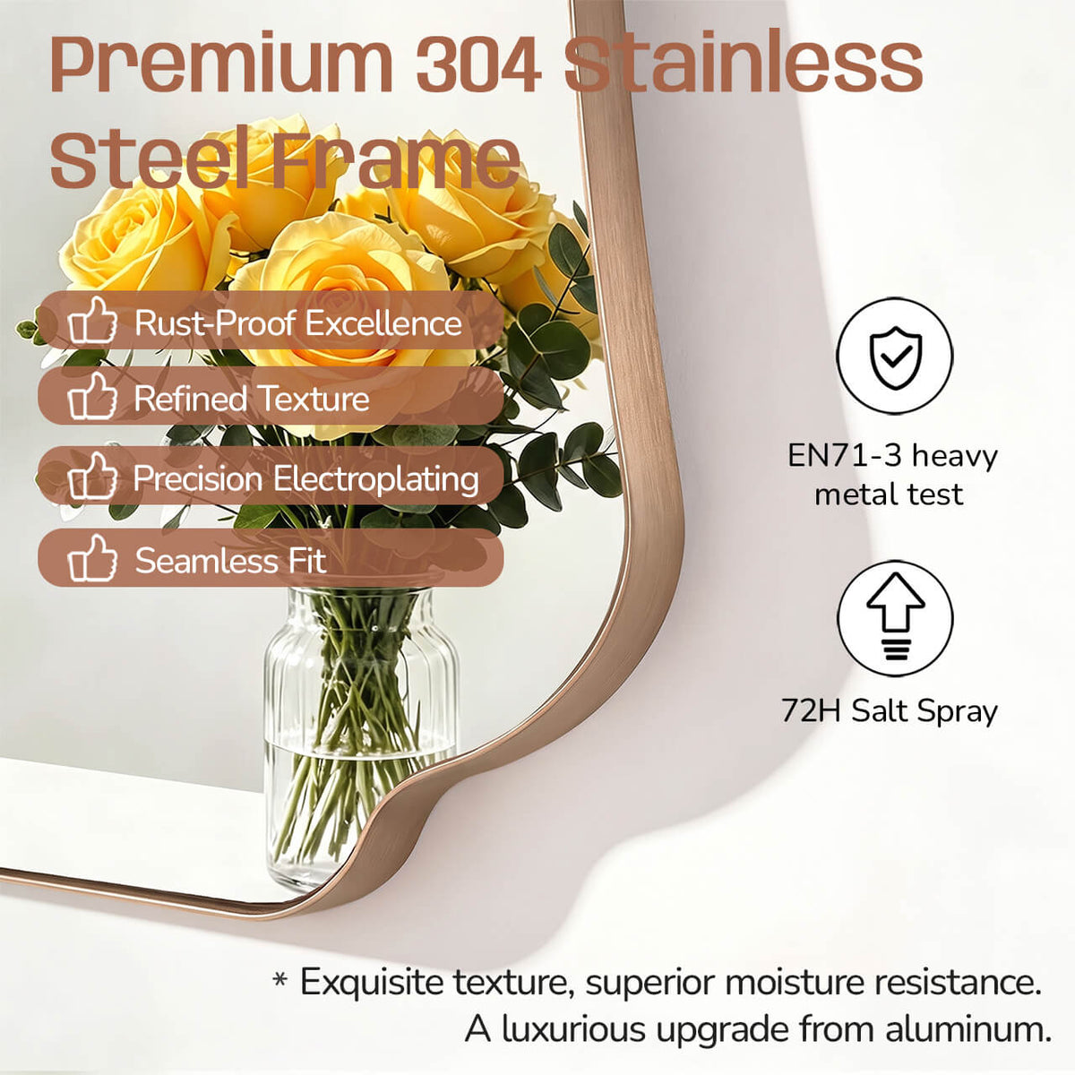 Contemporary Cut Corner Concave Edge Scalloped Bathroom Mirror | Stainless Steel Frame