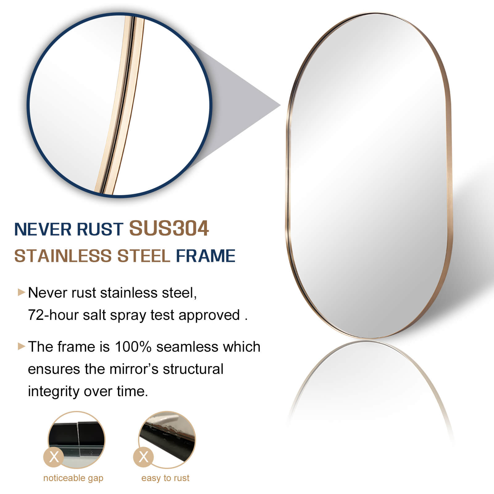 Modern Pill Shaped Capsule Wall Mirrors Long Oval Bathroom Vanity Mirror | Stainless Steel Frame