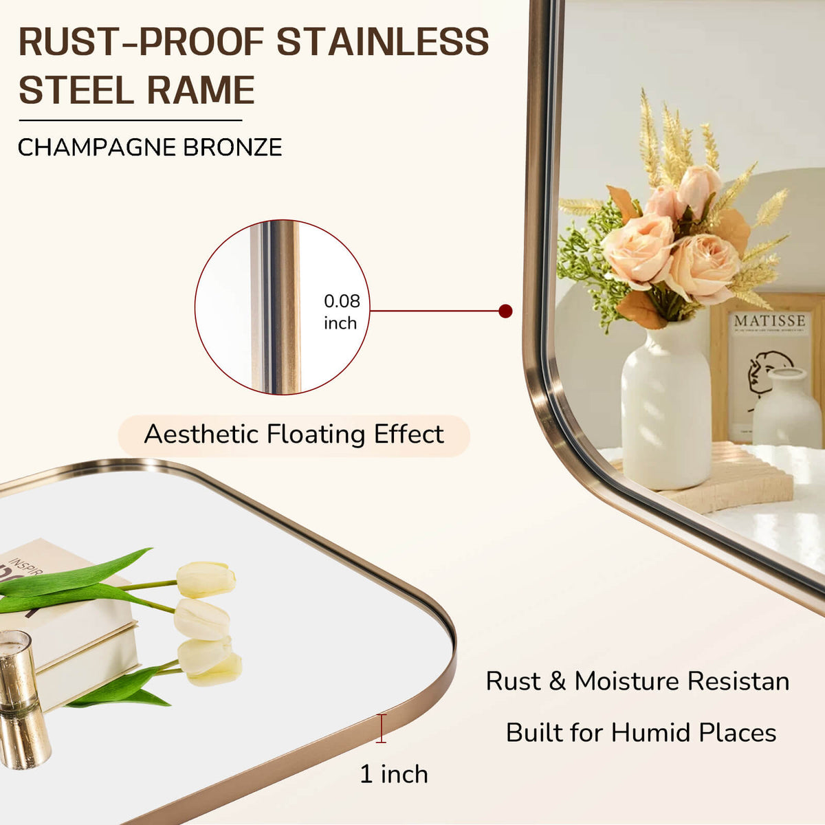 Modern Mantel Wide Arch Rectangle Bathroom Vanity  Mirror | Stainless Steel Frame