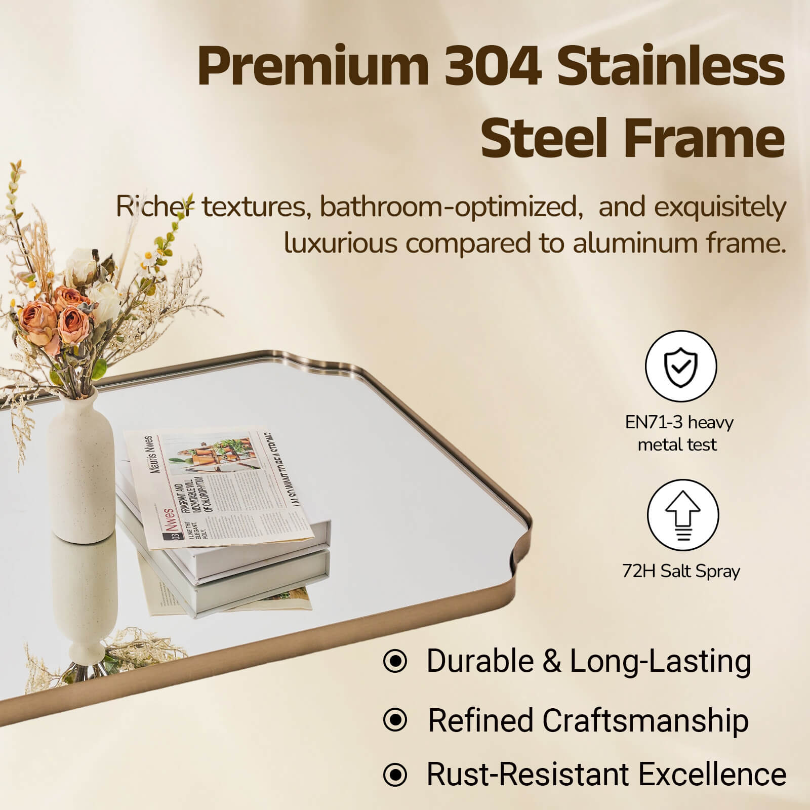 Contemporary Notched Corner Rectangle Scalloped Mirror for Wall /Bathroom | Stainless Steel Frame
