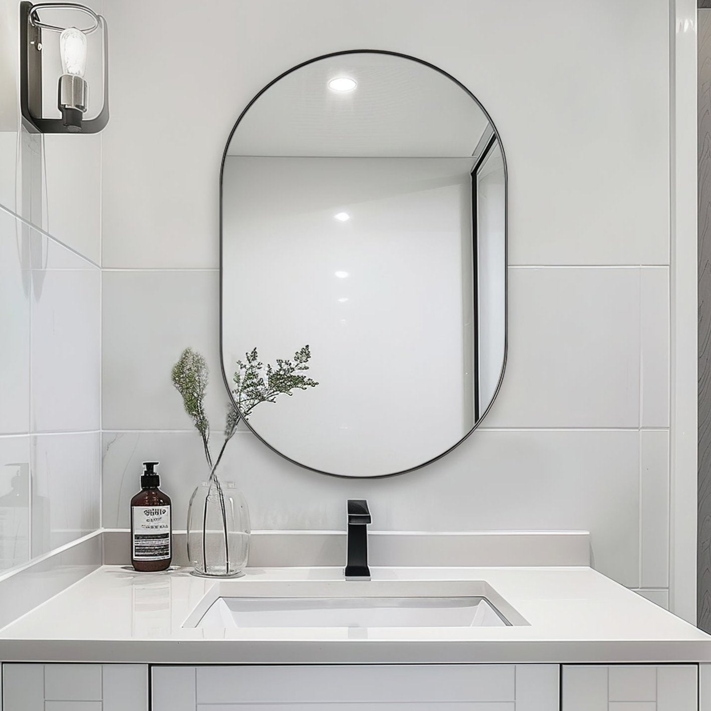 Contemporary Pill / Capsule Shaped Bathroom Wall Mirrors | Stainless Steel Framed