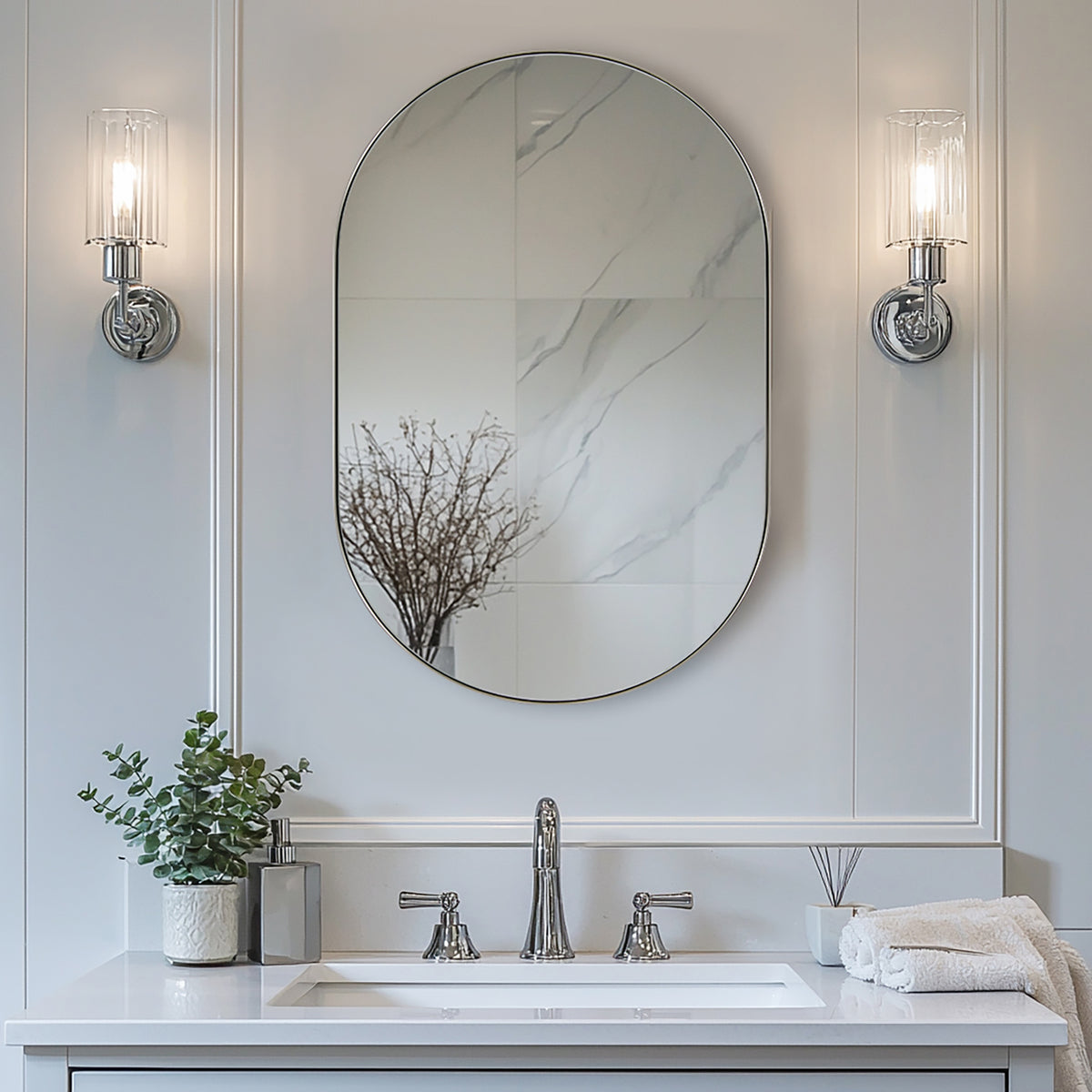 Open Box Like New : Contemporary Pill / Capsule Shaped Bathroom Wall Mirrors | Stainless Steel Framed