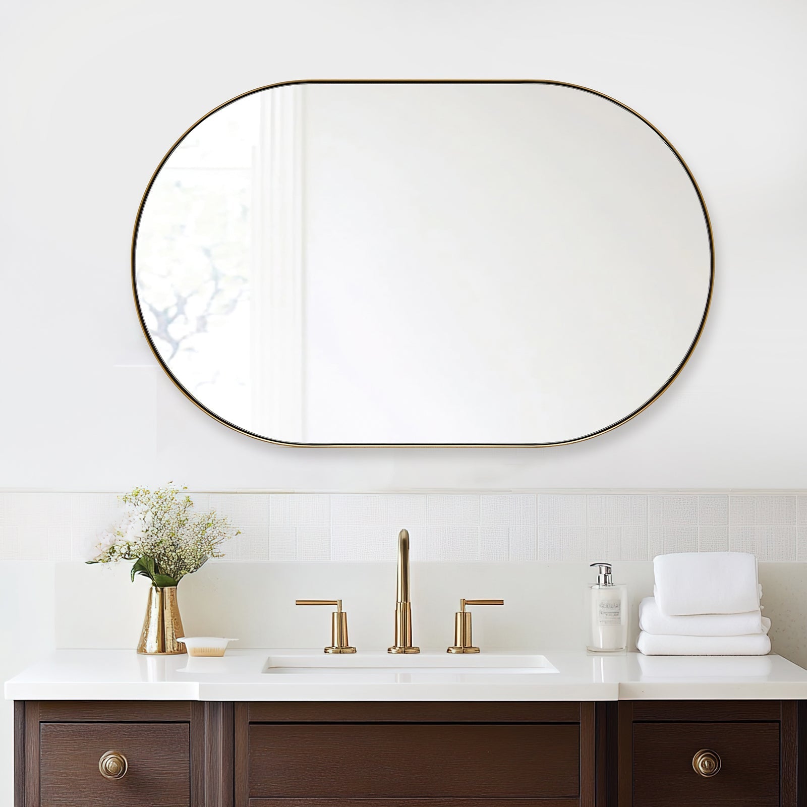 Modern Pill Shaped Capsule Wall Mirrors Long Oval Bathroom Vanity Mirror | Stainless Steel Frame