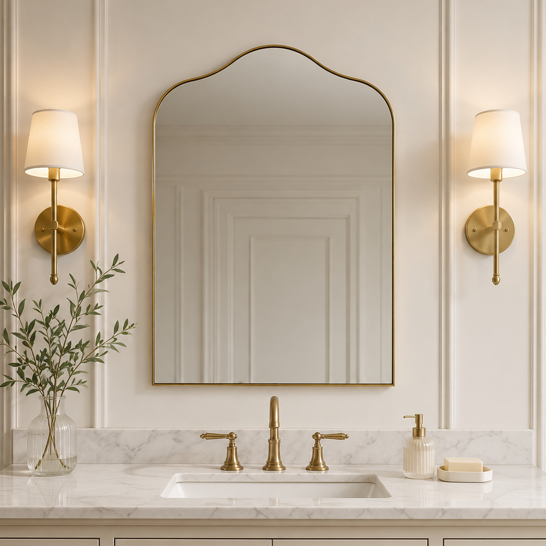 Contemporary Arched Scalloped Bathroom Vanity Mirror | Stainless Steel Frame