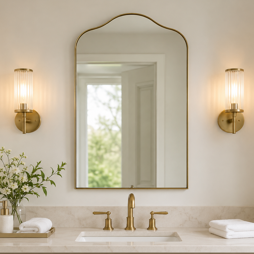 Contemporary Arched Scalloped Bathroom Vanity Mirror | Stainless Steel Frame