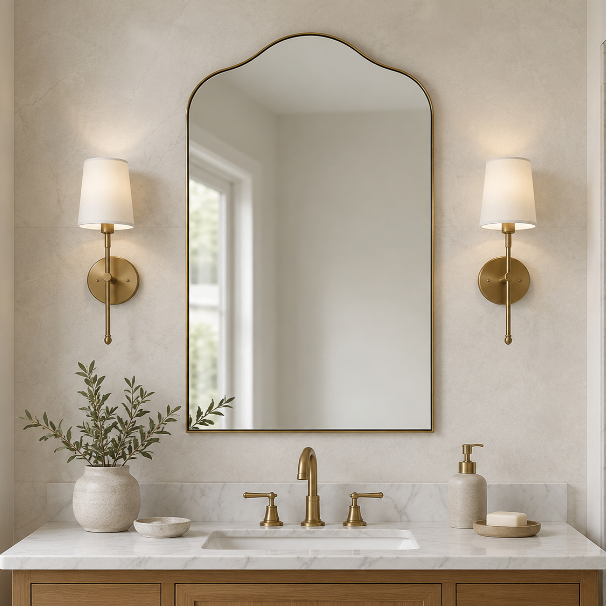 Contemporary Arched Scalloped Bathroom Vanity Mirror | Stainless Steel Frame