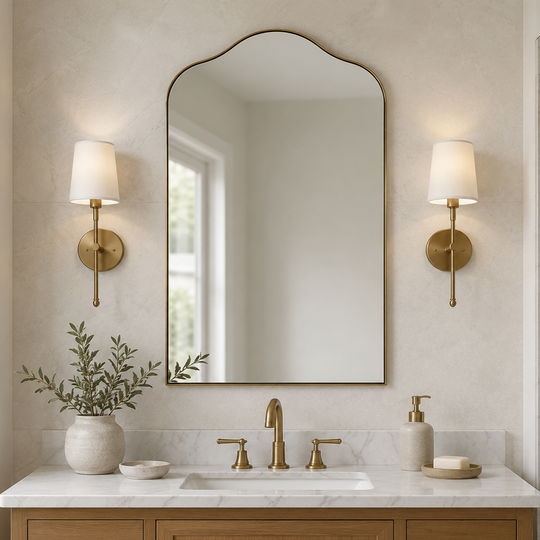 Contemporary Arched Scalloped Bathroom Vanity Mirror | Stainless Steel Frame