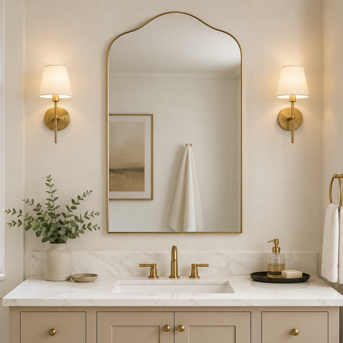 Contemporary Arched Scalloped Bathroom Vanity Mirror | Stainless Steel Frame