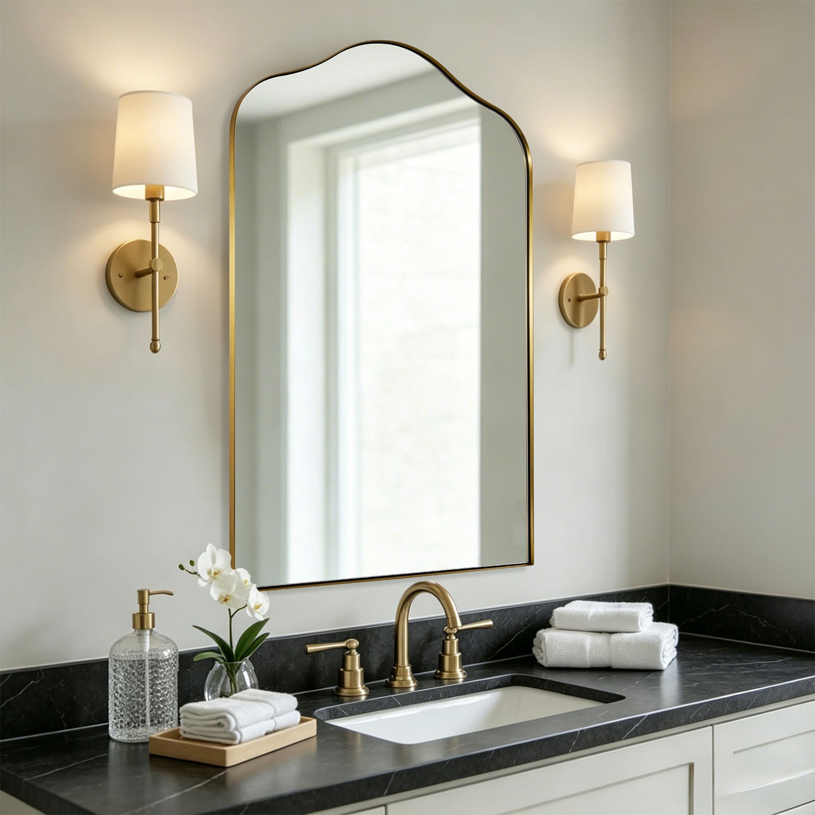 Contemporary Arch Top Curved Arched Bathroom Vanity Mirror | Stainless Steel Frame