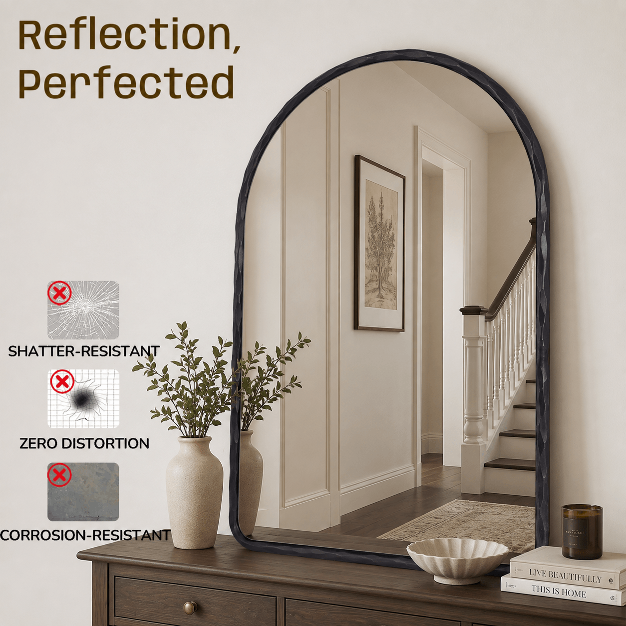 Antique Hand-Forged Iron Framed Arched Wrought Iron Bathroom Wall Mirror